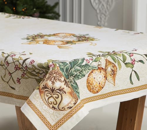 Gobelin Weihnachtstischdecke | Weihnachtliche Tischwäsche | Tischläufer | Tischdecke für Weihnachten und Neujahr (Goldener Kranz (Glitzernde), 140x140 cm) von Home of Christmas