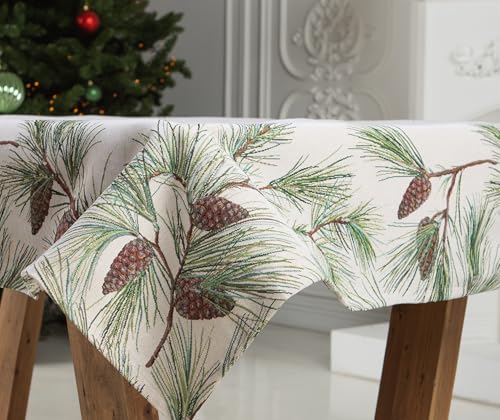 Gobelin Weihnachtstischdecke | Weihnachtliche Tischwäsche | Tischläufer | Tischdecke für Weihnachten und Neujahr (Kiefernzapfen (Glitzerlos), 140x140 cm) von Home of Christmas