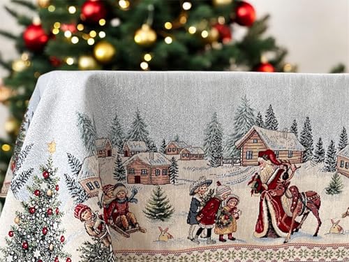 Gobelin Weihnachtstischdecke | Weihnachtliche Tischwäsche | Tischläufer | Tischdecke für Weihnachten und Neujahr (Weihnachtsmann und Kinder (Glitzernde), 140x140 cm) von Home of Christmas