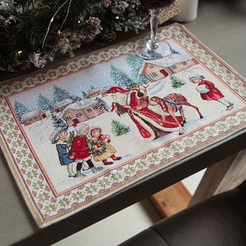 Gobelin Weihnachtstischdecke | Weihnachtliche Tischwäsche | Tischläufer | Tischdecke für Weihnachten und Neujahr (Weihnachtsmann und Kinder (Glitzernde), Tischset 35x45 cm) von Home of Christmas