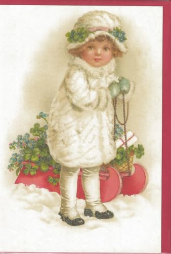 Home of Christmas Vintage Weihnachten Postkarte | Weihnachtspostkarte | Weihnachtskarte | Weihnachtsgrußkarte | Grußkarte (Klappkarte Mädchen mit Schlitten 11,5 cm x 17 cm) von Home of Christmas