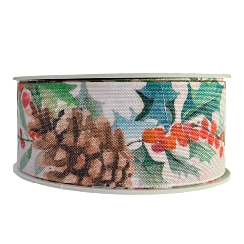 Weihnachtsband 4 cm | Geschenkband Schleifenband | Stoffband | Dekoband | Kränzen, Schleifen, Weihnachten Dekorieren, Geschenk Verpacken (Zapfen und Beeren 4 cm x 15 Meter) von Home of Christmas