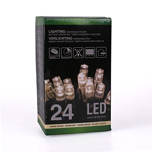 Home&Style Lichterkette 24 LED's, Länge 1,8 m, 50 cm Zuleitungskabel 3x AA Batterie für den Außenbereich mit Timer 6H/18H und 8-Funktionsregler mit Memory im Farbkarton, warmweiß 007415 von Home&Style