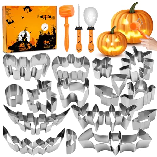24 Stück Halloween Kürbis Schnitzset mit Vorlagen Edelstahl DIY Schnitzwerkzeug Kürbis Inklusive Gummihammer Pumpkin Carving Kit für Kinder Erwachsene und Familie von Homeinmind