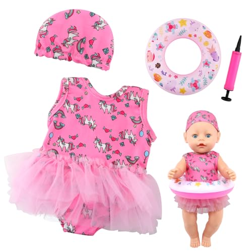 Schwimmset für Puppen Einhorn Puppenkleidung Sommer 4teilig Puppen Badeanzug Set Puppen Kleidung Outfits für 35-45cm Baby Puppen mit Schwimmring Hut Geschenke für Mädchen Jungen Kinder von Homeinmind