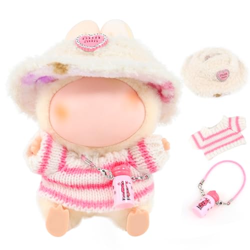 Bekleidungs Zubehör für 17cm Labb Puppen, Bekleidung für 17cm Plüsch, Mini Plüsch Kleidung Outfit, Puppenkleidung+Mütze+Deko-Becher, Für Weihnachten&Geburtstag(ohne Puppe)(Rosa-weißer Strickpullover) von Homelyxe