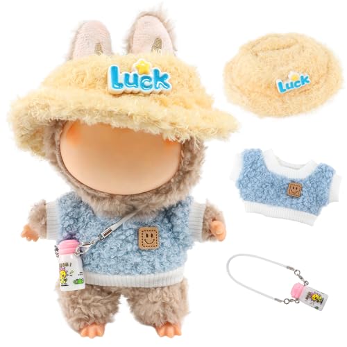 Bekleidungs Zubehör für Labb 17cm Puppen, Bekleidung für 17cm Plüsch, Mini Plüsch Kleidung Outfit, Puppenkleidung+Mütze+Deko-Becher, Für Weihnachten & Geburtstag(ohne Puppe)(Blau Smiley-Pullover) von Homelyxe
