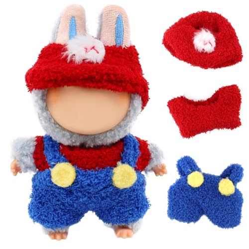 Puppenkleidung für La-bu,Bekleidungs Zubehör 3-Teilig Für 17cm Labb Figur, Zubehör Set Für Stoffpuppe, Kuscheltier Kleidung Outfit Nur, Weihnachten & Geburtstag (ohne Puppe)(Rot-Blaue Latzhose) von Homelyxe