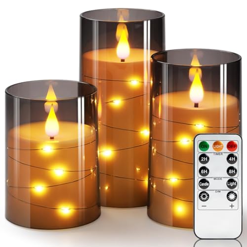Homemory Flackernde Flammenlose Kerzen mit Lichterkette, Batteriebetriebene Kerzen, Eingebettete Lichterkette, LED-Kerzen, Unzerbrechliche Kerzen mit Fernbedienung, Grau, Dekorationen, 3er-Set Homemory Flackernde Flammenlose Kerzen mit Lichterkette, Batteriebetriebene Kerzen, Eingebettete Lichterkette, LED-Kerzen, Unzerbrechliche Kerzen mit Fernbedienung, Grau, Dekorationen, 3er-Set von Homemory