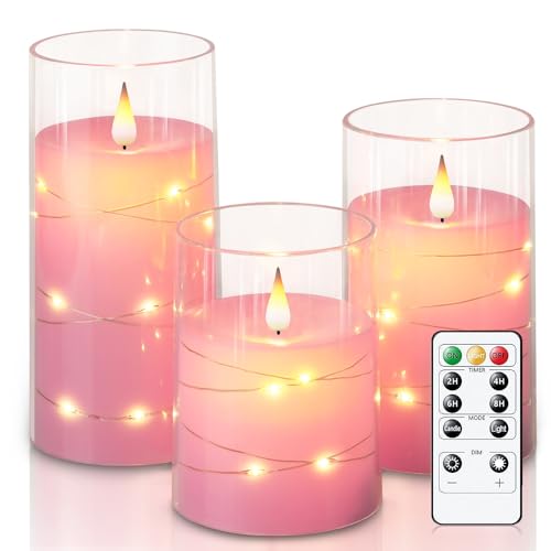 Homemory Flackernde Flammenlose Kerzen mit Lichterkette, Batteriebetriebene Kerzen, Eingebettete Lichterkette, LED-Kerzen, Unzerbrechliche Kerzen mit Fernbedienung, Rosa, Dekorationen, 3er-Set Homemory Flackernde Flammenlose Kerzen mit Lichterkette, Batteriebetriebene Kerzen, Eingebettete Lichterkette, LED-Kerzen, Unzerbrechliche Kerzen mit Fernbedienung, Rosa, Dekorationen, 3er-Set von Homemory