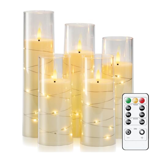 Homemory Flackernden Flammenlose Kerzen mit Lichterkette, Batteriebetriebene Kerzen mit Fernbedienung und Timer, Eingebettete Lichterkette LED-Kerzen, Acryl, Heimdekoration, Weiß, 5er-Set von Homemory