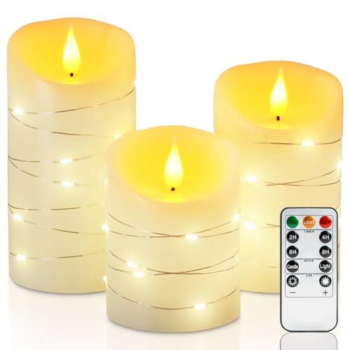 Homemory Flammenlose EchtesWachsKerzen mit Lichterkette, Eingebettete Lichterkette LED-Kerzen, Elektrische Flackerkerzen mit Fernbedienung und Timer, Elfenbeinweiß, 3er-Set Homemory Flammenlose EchtesWachsKerzen mit Lichterkette, Eingebettete Lichterkette LED-Kerzen, Elektrische Flackerkerzen mit Fernbedienung und Timer, Elfenbeinweiß, 3er-Set von Homemory