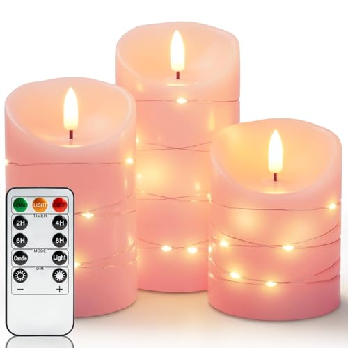 Homemory Flammenlose EchtesWachsKerzen mit Lichterkette, Eingebettete Lichterkette LED-Kerzen, Elektrische Flackerkerzen mit Fernbedienung und Timer, Rosa, 3er-Set Homemory Flammenlose EchtesWachsKerzen mit Lichterkette, Eingebettete Lichterkette LED-Kerzen, Elektrische Flackerkerzen mit Fernbedienung und Timer, Rosa, 3er-Set von Homemory