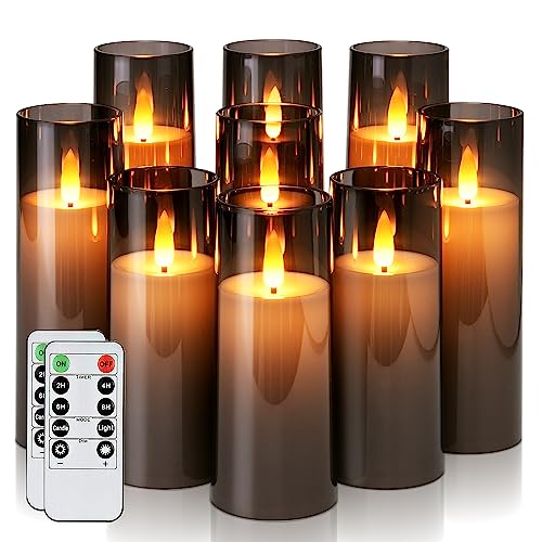 Homemory Grau Acryl Flackernde Flammenlose Kerzen, LED-Kerzen, Batteriebetriebene Kerzen mit Fernbedienung und Timer, Gefälschte Elektrische Kerzen, Home Decor, 9er-Set von Homemory