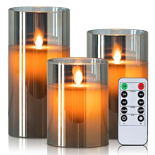 Homemory Grau Glas Flackernde Flammenlose Kerzen, Batteriebetriebene LED-Stumpenkerzen mit Fernbedienung und Timer, Bewegliche Flamme, Wachs, 3er-Set von Homemory