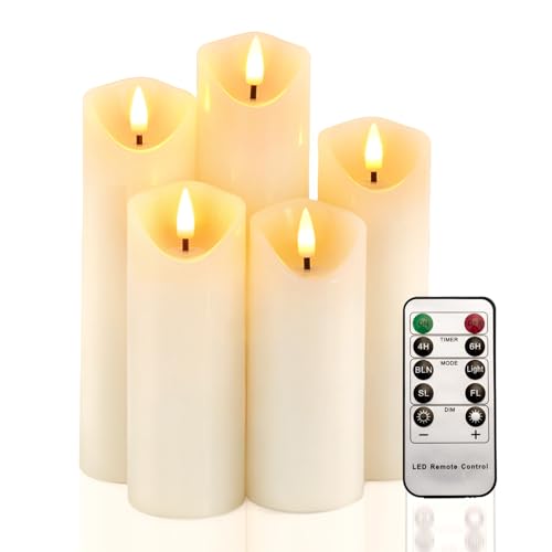 Homemory Realistische Flackernde Flammenlose Kerzen, Batterie Betriebene Kerzen mit Fernbedienung und Timer, LED-Säule Kerzen aus Echtem Wachs, 5er-Set von Homemory