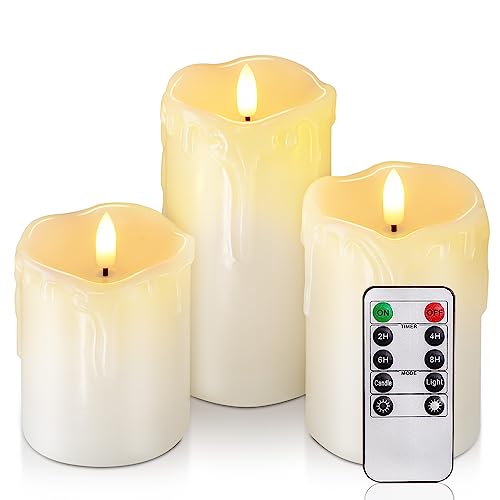 Homemory Tropfende Wachskerzen ohne Flamme, Batteriebetriebene Kerzen mit Fernbedienung und Timer, LED Stumpenkerzen, Elektrische Fake-Kerzen, 7,6 cm x 10,2 cm, 12,7cm, 15,2cm, 3er-Set von Homemory