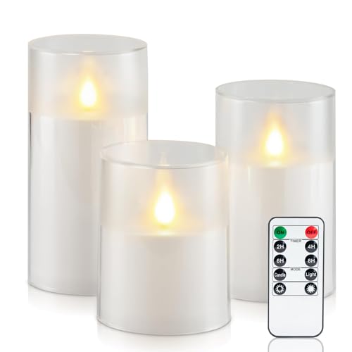 Homemory Wasserdicht Outdoor Flackernde Flammenlose Kerzen mit Realistischer Tanzender Flamme, LED-Kerzen, Batteriebetriebene Kerzen mit Fernbedienung und Zeitschaltuhr, Weiß Acryl, 3er-Set von Homemory