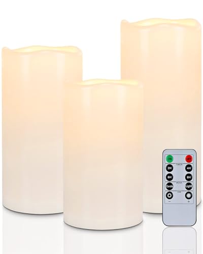 Homemory Wasserdichte Flammenlose Kerzen für den Außenbereich, Batteriebetriebene flackernde LED-Säulenkerzen mit Fernbedienung und Zeitschaltuhr, Kunststoff, Elfenbeinweiß, 3er-Set von Homemory