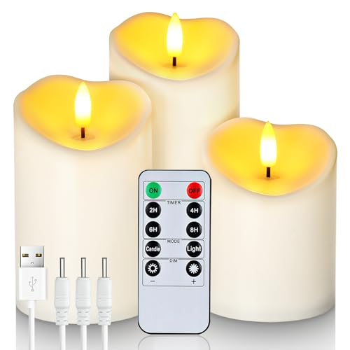 Homemory Wiederaufladbare Flammenlose Kerzen, LED-Kerzen, Batteriebetriebene Kerzen mit Fernbedienung und Zeitschaltuhr, Wasserdicht, Langlebig, 3er-Set von Homemory