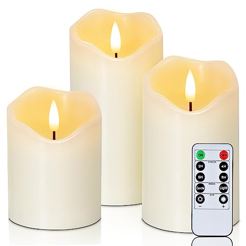 Homemory Flackernde Flammenlose Kerzen, Realistische LED-Kerzen mit Fernbedienung und Timer, Batteriebetriebene Kerzen aus echtem Wachs, Elfenbeinfarben, 3er-Set von Homemory