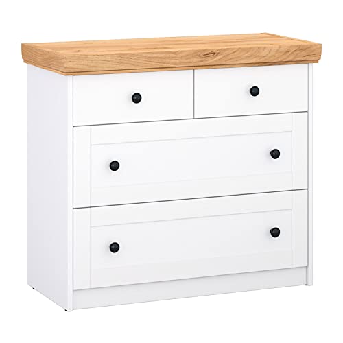 Homestyle4u 2228 Kommode Sideboard Eiche Matt Weiß Holz Massiv Schrank Mit Schubladen Highboard Anrichte von Homestyle4u