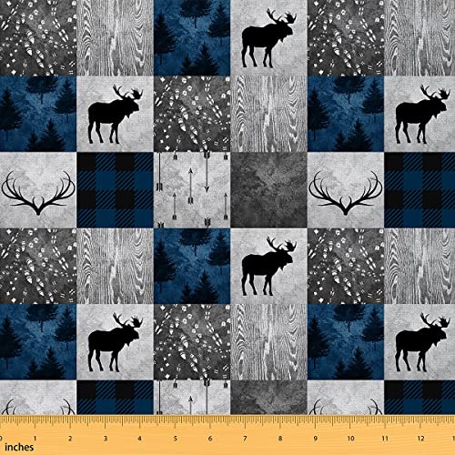 Bärenstoff Meterware Buffalo Plaid Check Polsterstoff Cabin Lodge Dekorationsstoff zum Quilten Nähen Wildtier Elchgeweih Weihnachten Hirsch Patchworkstoff Blau Grau 184 x 150 (HxB) von Homewish