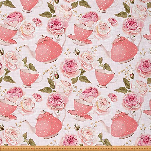 Blumenstoff Meterware Rosenstoff Romantische Rosen Teetassen Polsterstoff für Stühle Romantischer Garten Retro Stil Nachmittag Tea Print Dekorativer Wasserdichter Draussen Stoff Rosa 92 x 150 (HxB) von Homewish