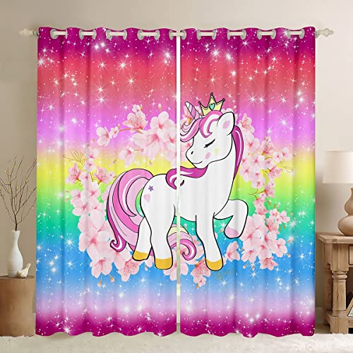 Cartoon Einhorn Vorhänge für Kinder verträumte Pferdevorhänge niedliches Tier Verdunkelungsvorhänge Kirschblüten glitzernder Regenbogen magischer raum Stern Ombré Vorhang bunt 46" x 72", 2 Paneele von Homewish