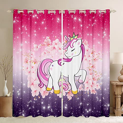 Einhorn Vorhänge Glitzer Verdunkelungsvorhänge Kirschblüten Vorhänge Gardinen Kinder Karikatur Kawaii Tier Vorhang Ombre Galaxie Sterne Fantasie Mädchen ästhetisch Rosa Lila 46" x 54",2 Paneele von Homewish