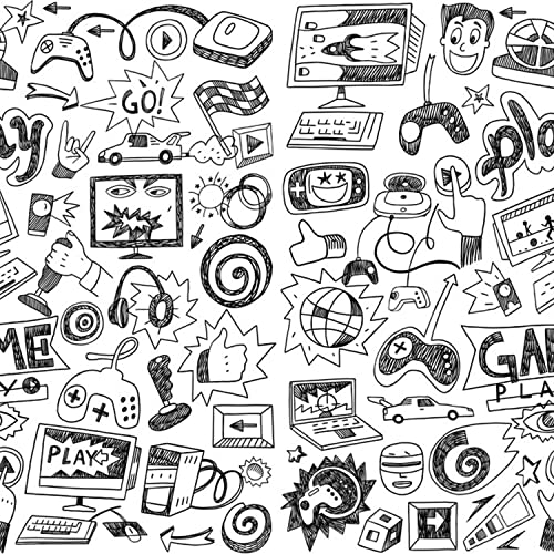 Gaming Stoff Meterware Kinder Gamepad Cartoon Polsterstoff Videospiele Gamer Dekostoff Hip Hop Graffiti Rennwagen Wasserdichter Stoff Schwarz Weiß 184 x 150 (HxB) von Homewish