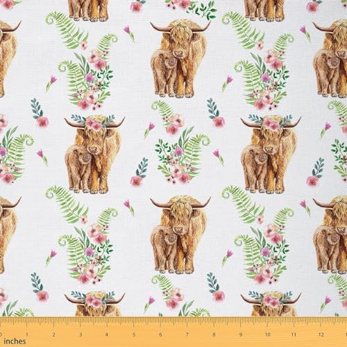 Highland Cow Stoff Meterware Blume Bull Cattle Möbelstoff für Stühle Sofa Western Funny Tier Dekorativer Stoff Tierwelt Bauernhaus Kuh Drinnen Draußen Stoff DIY Nähen 184 x 150 (HxB) Weiß von Homewish
