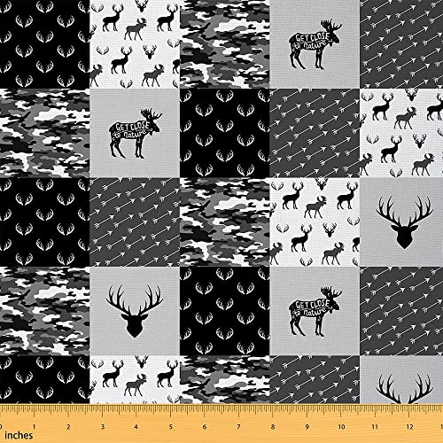 Hirsch Material Stoff Meterware Geweihstoff Pfeil Polsterstoff Camouflage Plaid Dekorstoff Wildtier Natur Stoff für Drinnen Draußen Camo Karo Craft Patchwork Schwarzgrau 184 x 150 (HxB) von Homewish