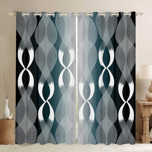 Homewish Grün und Grau Fenstervorhang Kinder,Moderne Geometrie Wellenlinien Vorhänge 137x117(HxB) Dekorative Abstrakte Classin Linien Gardinen Schwarz und Weiß Blickdichte Vorhänge 2 paneele Dekor von Homewish