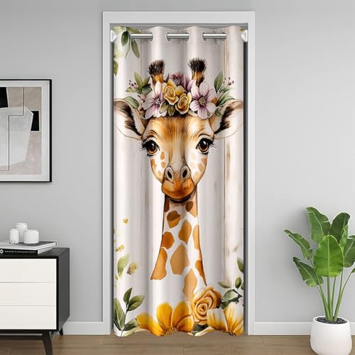 Homewish Türvorhang Giraffe 106X203 Aquarell, Cartoon Zootier Vorhang Niedlich Für Mädchen Jungen, Gelbe Ästhetische Blumen Geeignet Für Türen Mit Fenste Waschbar,Sichtschutzvorhang,Tier von Homewish