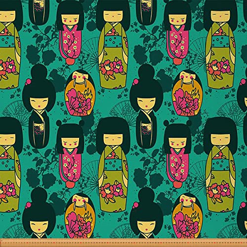 Japanischer Stoff Von Der Werft Kirschblüten Polsterstoff Kawaii Kokeshi Puppen Dekostoff Kimono Fan Drinnen Draußen Stoff Ethnischer DIY Kunst Wasserdichter Stoff Blaugrün 184 x 150 (HxB) von Homewish