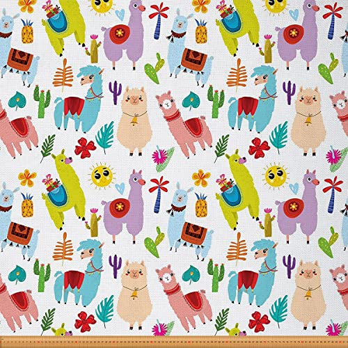 Karikatur Alpaka Stoff Meterware Boho Lama Möbelstoff Kawaii Tier Kaktus Palme Dekorationsstoff für Polsterung und Akzente Zu Hause Blau Lila 92 x 150 (HxB) von Homewish