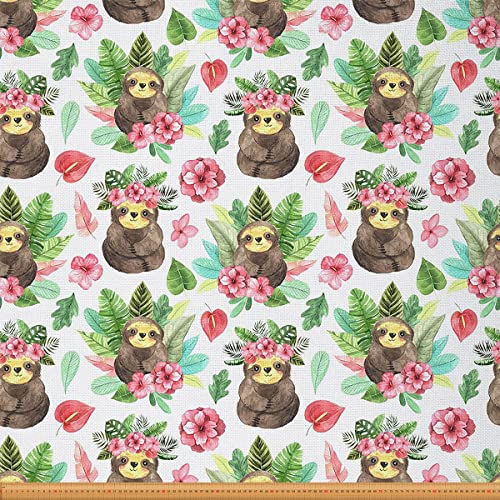 Karikatur Faultier Stoff Meterware Kawaii Faultier Möbelstoff Palmenblatt Kirschblüte Monstera Dekostoff Hawaiian Tropenblatt Tier Wasserdichter Stoff Diy Craft Patchwork, 184 x 150 (HxB) von Homewish
