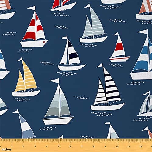 Karikatur Segelboot Polsterstoff Ozean Nautischer Stoff Meterware für Kinder Teenager Erwachsene Meeresgewebe Marineblauer Dekorationsstoff Blauer Ozean Thema Drinnen Draußen Stoff 460 x 150 (HxB) von Homewish
