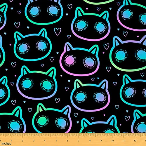 Katzen Stoff Meterware Schöne Tiere Möbelstoff Niedlicher Katzen Dekorativer Stoff Drinnen Draußen Stoff Kawaii Schwarz Kätzchen DIY Kunst Wasserdichter Stoff 92 x 150 (HxB) von Homewish