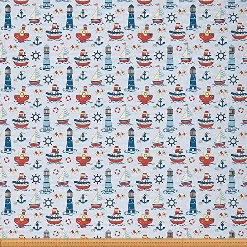 Leuchtturm Stoff Meterware Nautischer Polsterstoff Ozeanwellen Ankerruder Dekorstoff Seesegel Stoff für Drinnen Draußen Wasserdichter Stoff für Abenteuerschiffe DIY Kunst Blau Rot 92 x 150 (HxB) von Homewish
