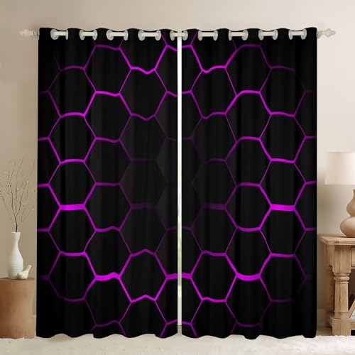 Lila Geometrische Vorhänge 3D Hexagon Muster Vorhänge für Kinder Jungen Mädchen 3D Bunte Kunstwerk 30%-50% Blackout Vorhänge Lila Schwarz Dekor Fenster Behandlungen 140Bx175L von Homewish