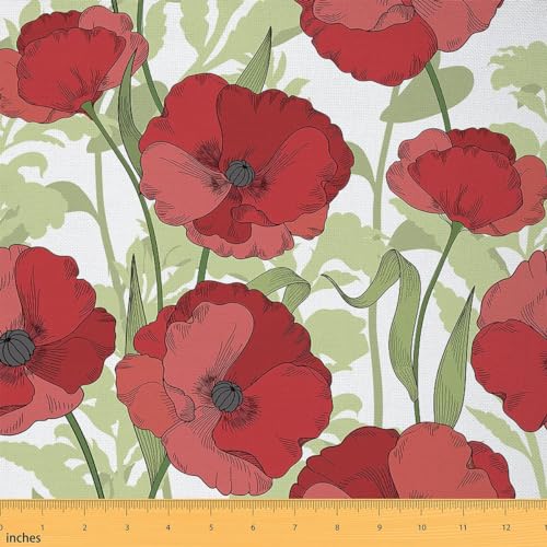 Mohnblumen Stoff Meterware Roter Blumen Polsterstoff Schicke Blätter Dekorativer Stoff Retro Garten Botanischer Drinnen Draußen Stoff DIY Kunst Wasserdichter Stoff Grün Rot 92 x 150 (HxB) von Homewish
