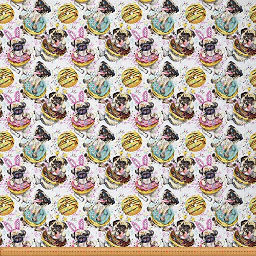 Mops Hund Stoff Meterware Dessert Donuts Dekorationsstoff für Kinder Jungen Mädchen Niedlicher Welpe Möbelstoff Karikatur Schöner Mops Haustier Tier Drinnen und Draußen 184 x 150 (HxB) von Homewish