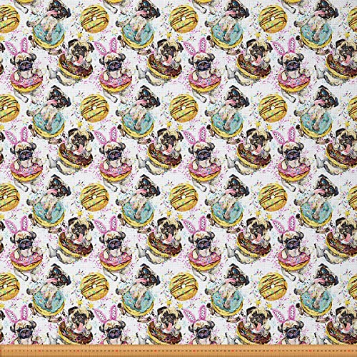 Mops Hund Stoff Meterware Dessert Donuts Dekorationsstoff für Kinder Jungen Mädchen Niedlicher Welpe Möbelstoff Karikatur Schöner Mops Haustier Tier Drinnen und Draußen 92 x 150 (HxB) von Homewish
