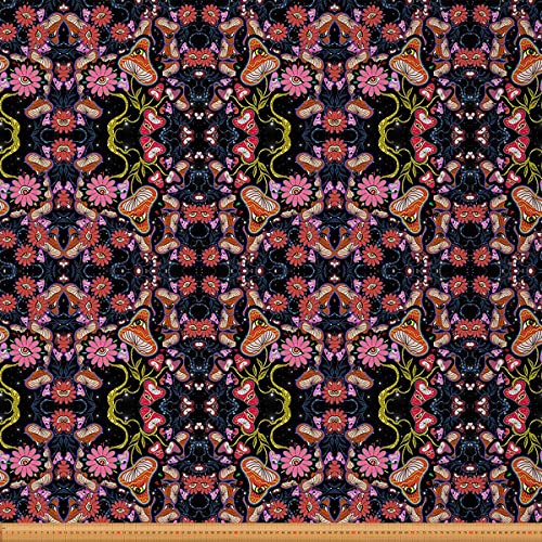 Pilz Stoff Meterware Trippy Süße Blumen Blüten Möbelstoff Bunter Hippie Dekostoff Schwarzes Botanisches Thema Augen 3D Galaxie Muster für Drinnen und Draußen 92 x 150 (HxB) von Homewish