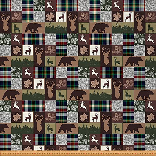 Rustikaler Bauernhaus Dekorationsstoff Weihnachts Elch Lodge Stoff Meterware Patchwork Grizzlybären Stoff Büffel Plaid Karo Vintage Holz Jagdtier Polsterstoff 92 x 150 (HxB) von Homewish