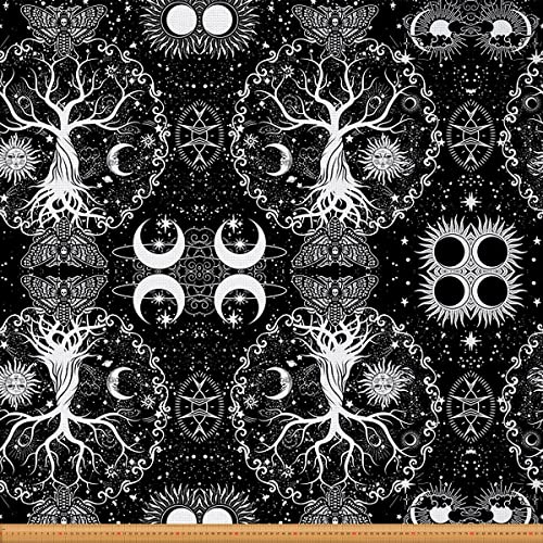Sonne und Mond Stoff Meterware Baum des Lebens Dekorationsstoff Gothic Motte Möbelstoff Zuckerschädel Trippy Glitzersterne Stoff böhmische Sternbilder 184 x 150 (HxB) schwarz weiß von Homewish