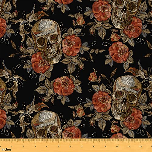 Totenkopf Stoff Meterware Halloween Blumen Polsterstoff Retro Skelett Blätter Dekorativer Stoff Gotik Wasserdichter Draussen Stoff DIY Kunst Polster und Wohnakzente Goldrot 92 x 150 (HxB) von Homewish