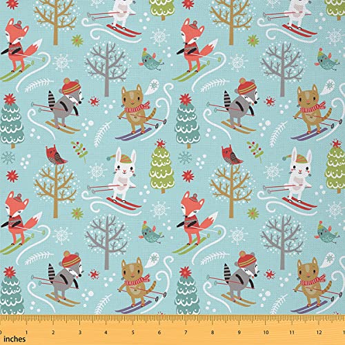 Waldtiere Stoff Meterware Weihnachtsbaum Ski Polsterstoff Weihnachts Schneeflocke Fuchs Eule Kaninchen Dekorstoff Tierwelt Drinnen Draußen Stoff DIY Kunst Wasserdichter Stoff Blau Rot 92 x 150 (HxB) von Homewish